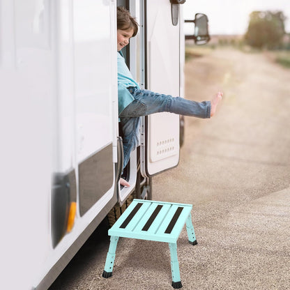 Adjustable Height Aluminum RV Step, Stable Foldable Platform Step Stool, Supports Up to 1,000 lb, Non-Slip Rubber Feet and Platform Mat, Easy to Carry (Black)