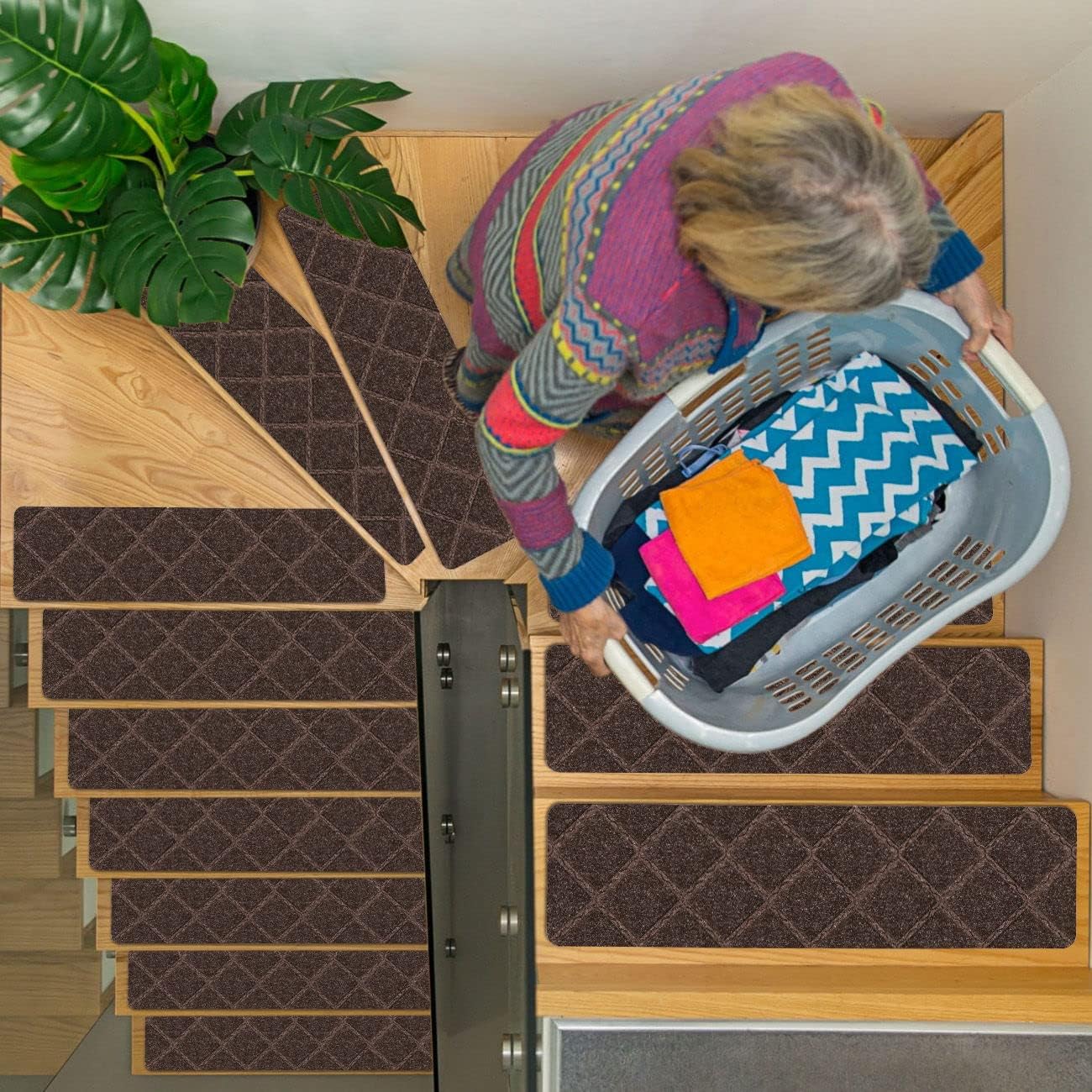 RIOLAND Stair Treads Carpet Non-Slip Indoor 15 PCS Wood Stair Treads Rugs Anti Moving Modern Stair Runners Safety for Kids Dogs, 8" X 30", Diamond Gray