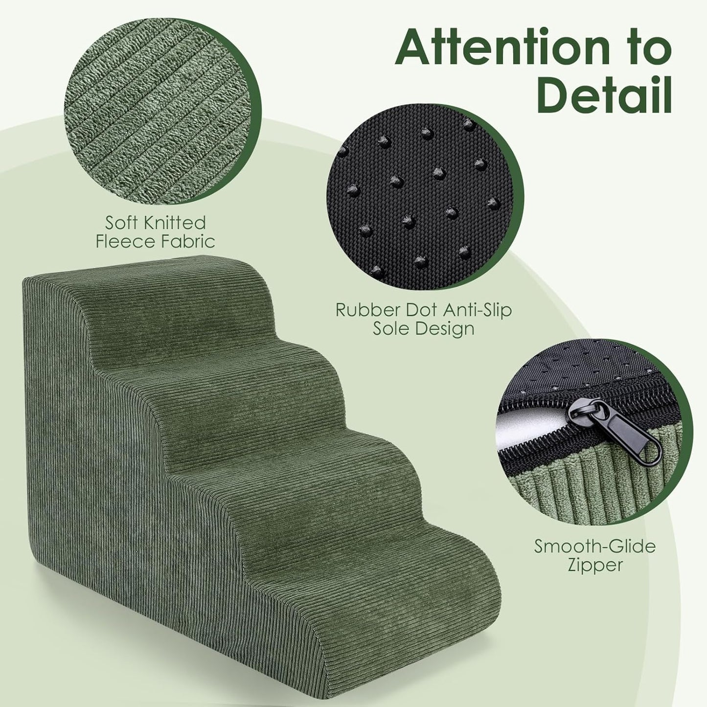 Dog Stairs for Bed 15" H, 3-Step Dog Ramp for Aged and Injured Dogs, Up to 50 Lbs Foam Pet Stairs for Small Dogs and Cats to Get on Couch or Chair, Non-Slip, Steady, Washable Cover, Green