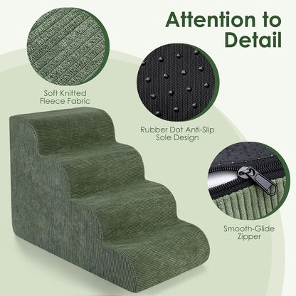 Dog Stairs for Bed 15" H, 3-Step Dog Ramp for Aged and Injured Dogs, Up to 50 Lbs Foam Pet Stairs for Small Dogs and Cats to Get on Couch or Chair, Non-Slip, Steady, Washable Cover, Green