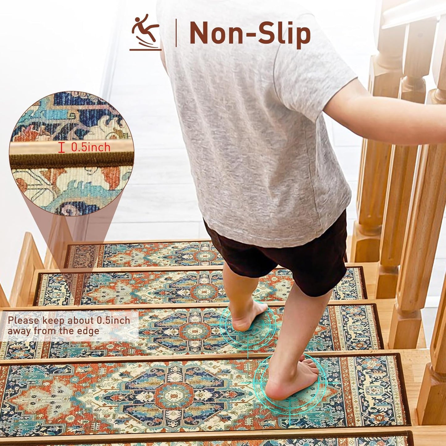 Stair Treads for Wooden Steps Indoor, 15 Pack 8" X 30" Non Slip Carpet Stair Treads with Reusable Adhesive for Kids Elders and Dogs, TPR Backing Stair Rugs Oriental Staircase Step Treads,Bohemia