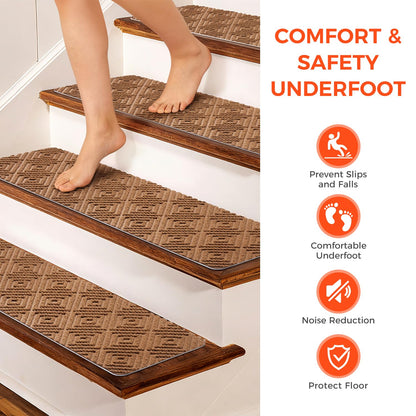 BAGAIL 15 Pack Non-Slip Stair Treads for Wooden Steps, 8"x30" Peel and Stick Carpet Stair Runners, Machine Washable Indoor Step Covers with No-Residue Adhesive for Dogs, Kids & Elderly - Dark Gray