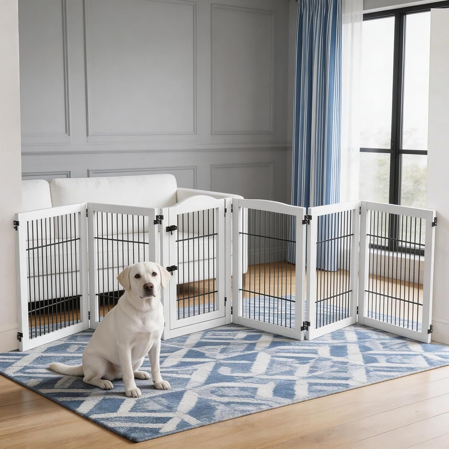 133 inch Extra Wide Dog Gate Indoor for The House, Doorway, Stairs, 31.5 inches Tall 6 Panels Free Standing Dog Gate with Door Walk Through, Puppy Playpen Safety Fence No-Assembly