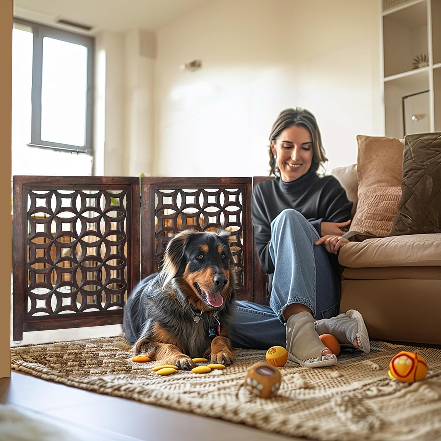 Croft&Cane Wooden Foldable Pet Dog Safety Gate – 3 Panel Freestanding Indoor Pet Fence (20 inches W x 24 inches H) – Hand-Carved Solid Wood & MDF – Fully Assembled - Antique Brown