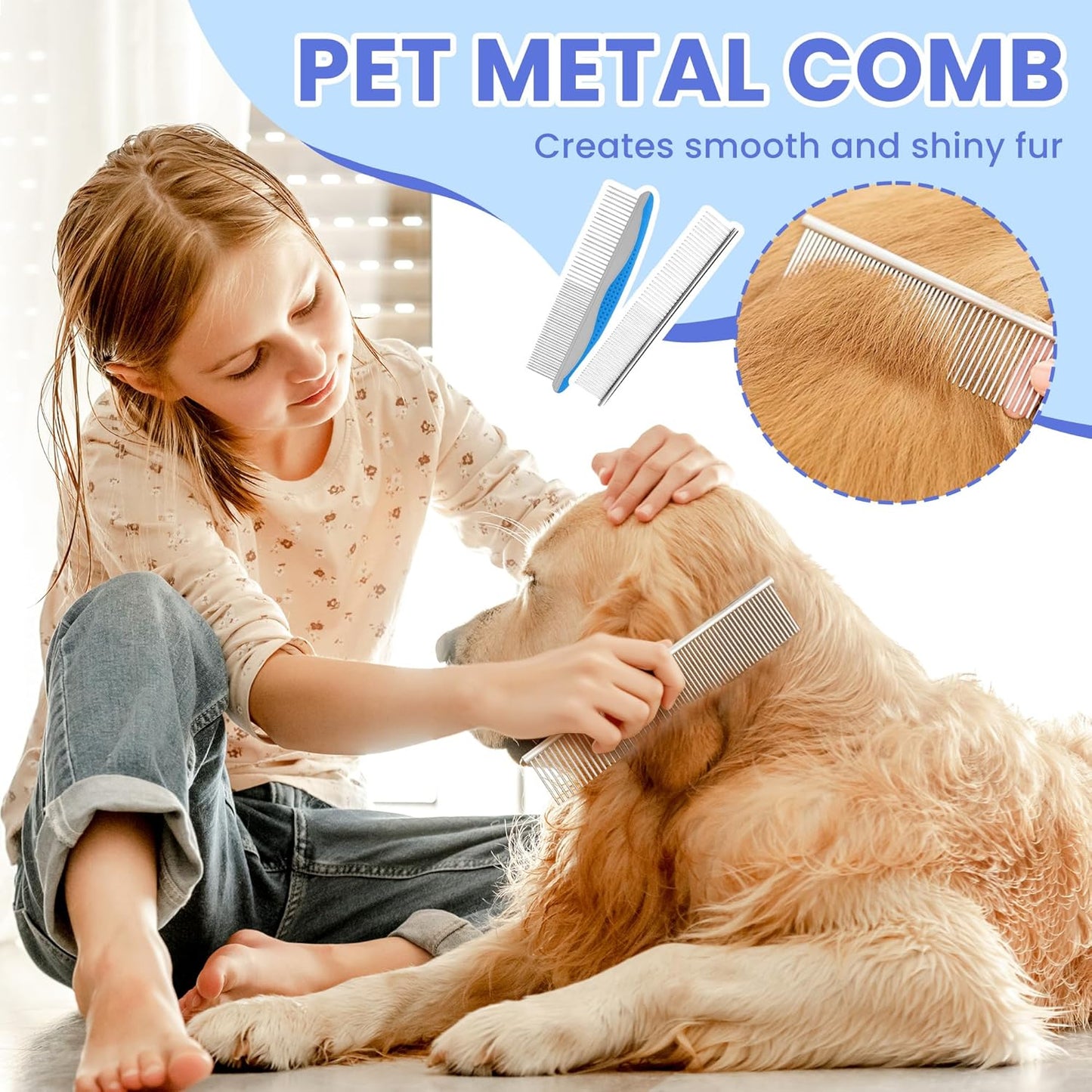 Self Cleaning Shedding Brush - 5-in-1 Professional Pet Grooming Kit Skin Friendly Grooming Tool for Dogs, Cats, and Puppies, Deshedding and Hair Removal for Long and Short Haired Pets, Blue