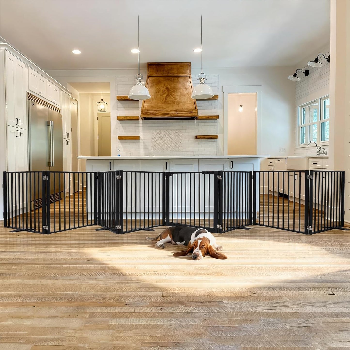 Snagle Paw Extra Wide Dog Gate,Free Standing Dog Fence with Door, Up to 104 Inch Wide Pet Gate with Support Feet for Stairs, Hallways, Doorways, Yard (Black, 4 Panels)