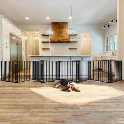 Snagle Paw Extra Wide Dog Gate,Free Standing Dog Fence with Door, Up to 104 Inch Wide Pet Gate with Support Feet for Stairs, Hallways, Doorways, Yard (Black, 4 Panels)