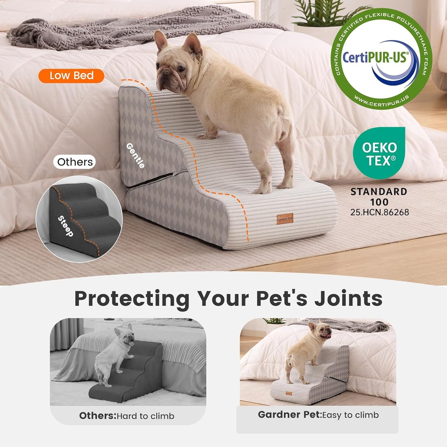 Gardner Pet 4-Step Dog Stairs for Small Dogs 18.5" H, Curved 4-Step Pet Stairs, Dog Steps for High Bed (18-20 in), Couch with Durable Non-Slip Waterproof Fabric Cover and CertiPUR-US Certified Foam