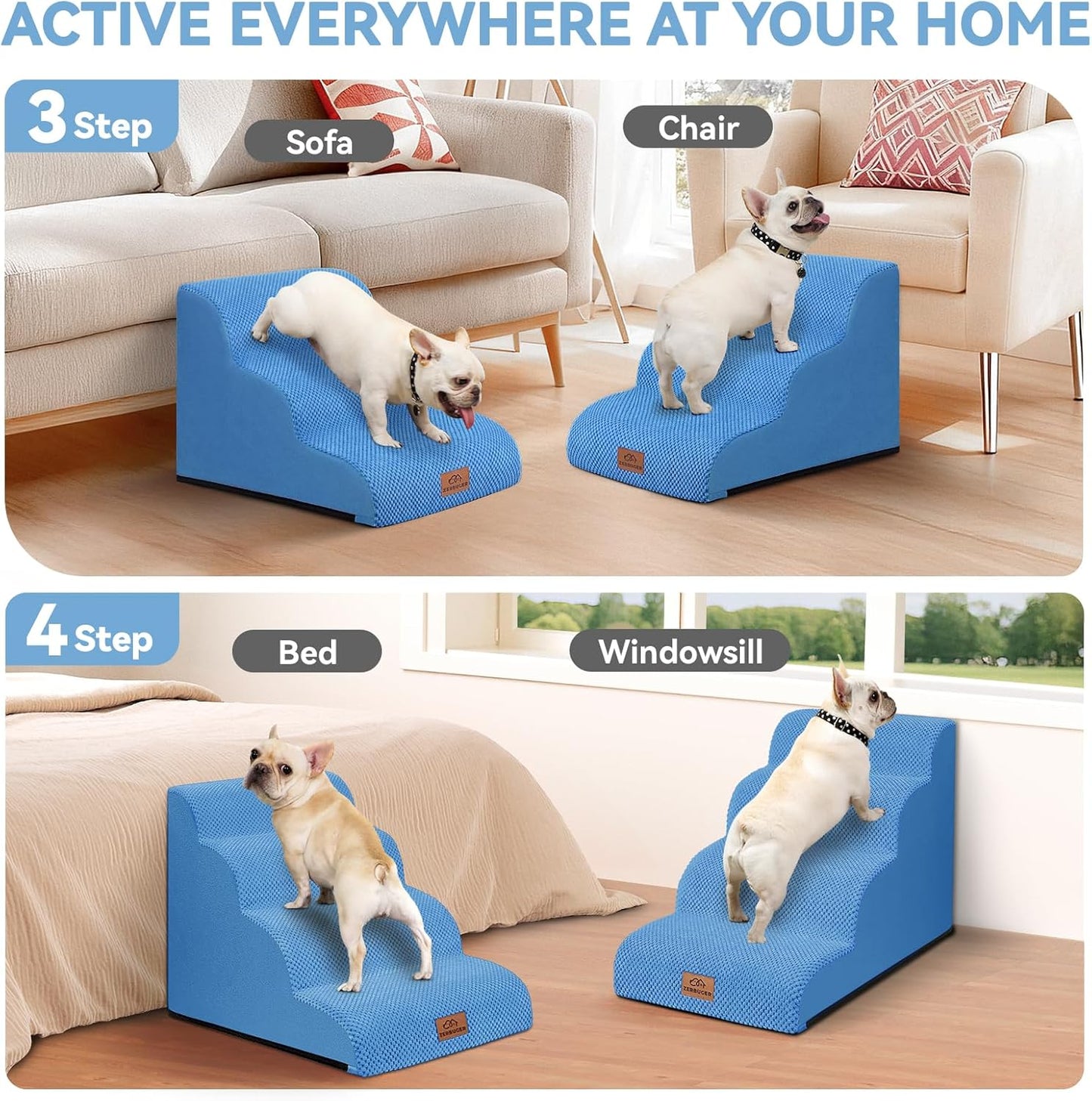 Zerbuger Dog Ramp and Stair for Bed 16" H-20 H,3-Step Cat Stair for Sofa and Chair,4-Step Dog Ramp for High Bed and Window,Durable Nonslip Fabric Cover for Indoor (Coffee-16 H, Pet Friendly, 3)