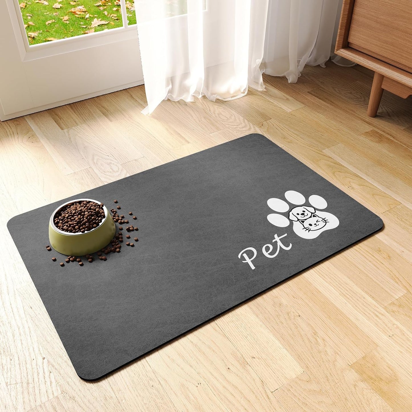 Dog Food Mat - Absorbent Cat Dog Bowl Mat for Food and Water, Quick Dry Pet Food Mats for Floors with Waterproof Rubber Backing, Puppy Cat Feeding Mats for Messy Drinkers,12"x20", Dark Grey