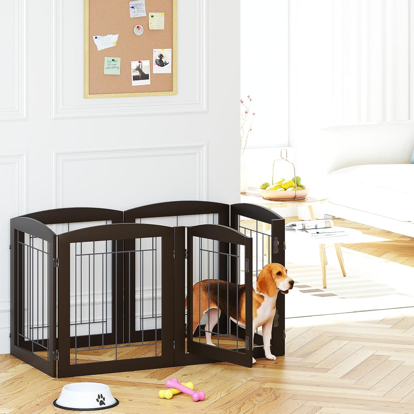 PAWLAND Free Standing Dog Gates for The House Stairs Doorways Indoor Foldable Wooden Small White Puppy Pet Gate Step Over Fence 60" W 24" H 3 Panels