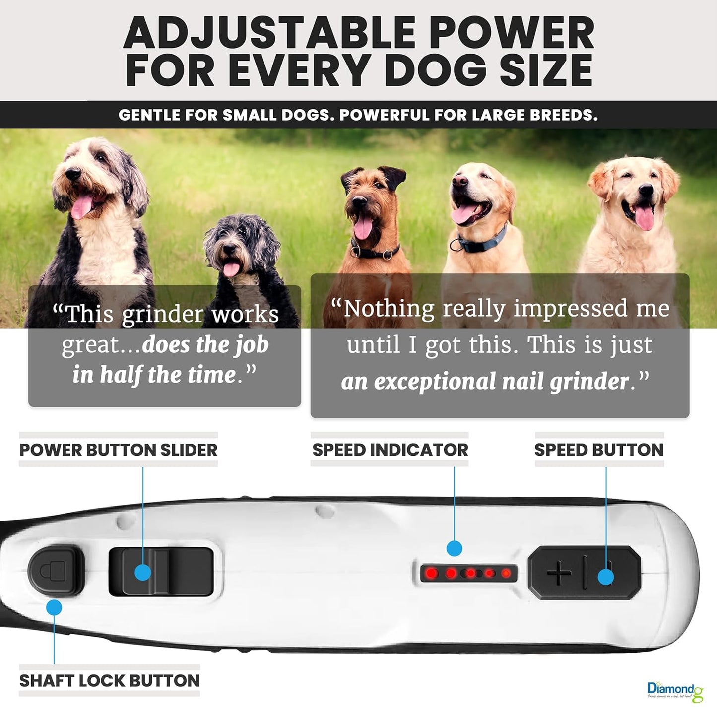 Diamondg Cordless Dog Nail Grinder with Quiet Sound & LED Tip for Large & Small Dogs, 4hrs. Runtime - Electric Dog Nail Trimmer, Heavy Duty Rotary Tool Alternative to Toenail Clippers & Filers