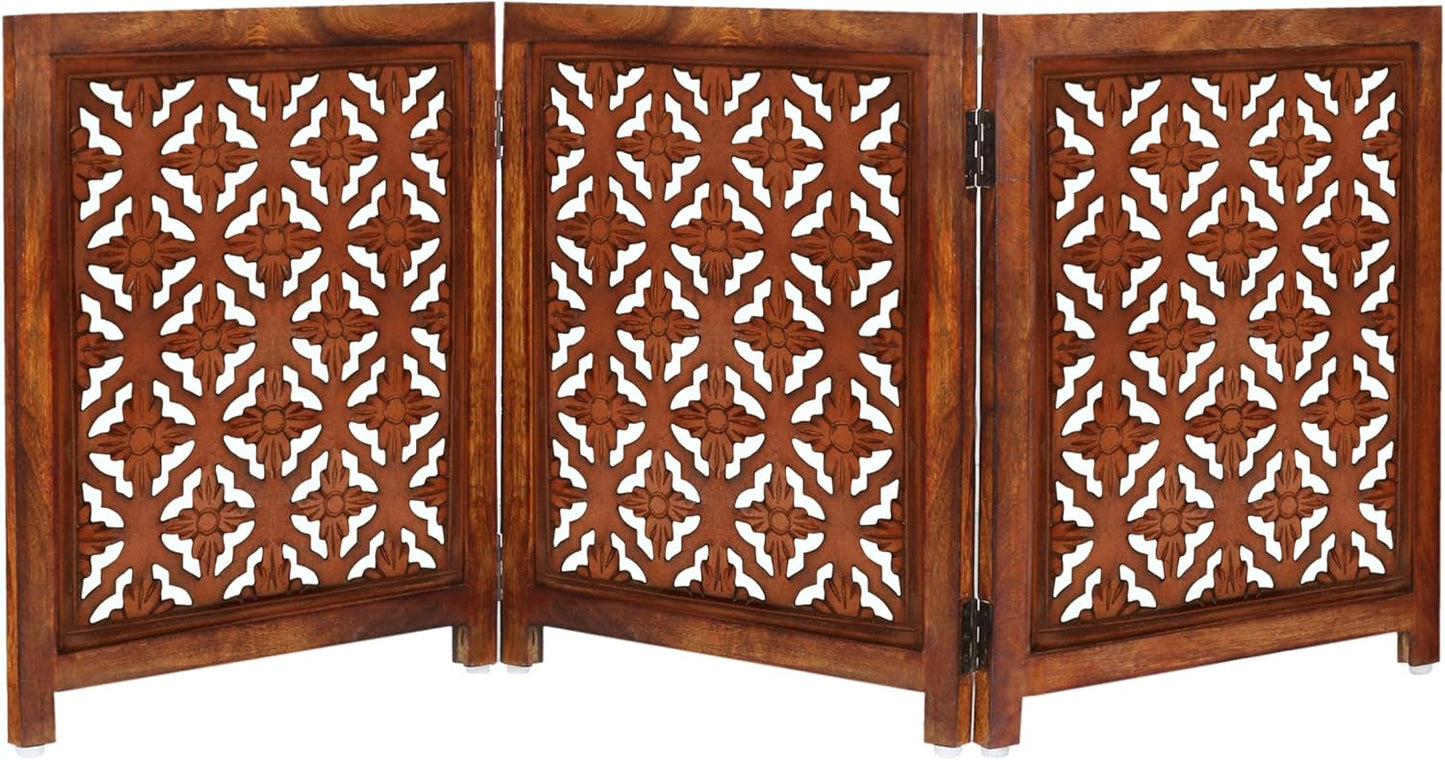 Croft&Cane Wooden Foldable Pet Dog Safety Gate – 3 Panel Freestanding Indoor Pet Fence (20 inches W x 24 inches H) – Hand-Carved Solid Wood & MDF – Fully Assembled - Antique Brown