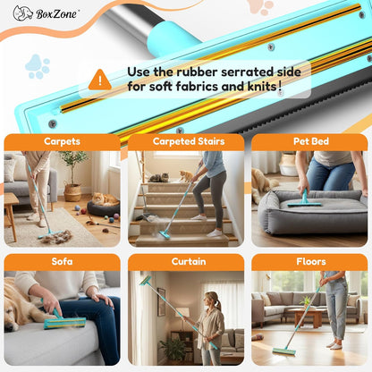 3-in-1 Carpet Rake for Pet Hair Removal, Upgraded Rug Scraper with 61" Thickened Handle & 10" Handheld Grip, Dual-Metal Edge Dog Hair Remover for Carpet, Couch, Furniture & Car
