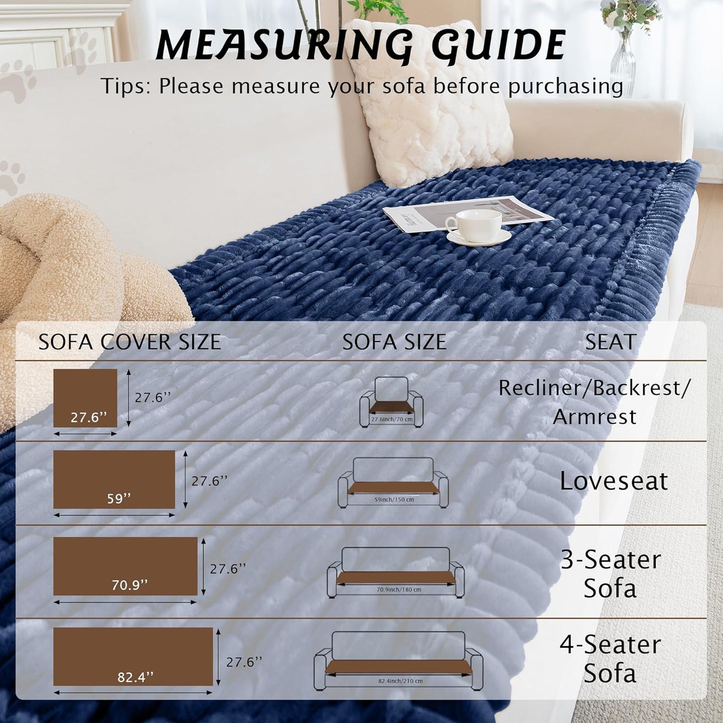 PuTian 100% Waterproof Fuzzy Couch Cover for Dogs Washable Non-Slip Furniture Cover Pet Friendly Dog Mat for Couches and Sofas White 27.6''x59'' 70cmx150cm