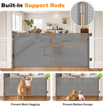 Reinforced 70” Wide Retractable Pet Gate Indoor Dog Gates Outdoor Retractable Baby Gate with Support Rod to Prevent Bottom Escape 33” Tall Child Safety Gates for Stairs Doorway Hallway Deck
