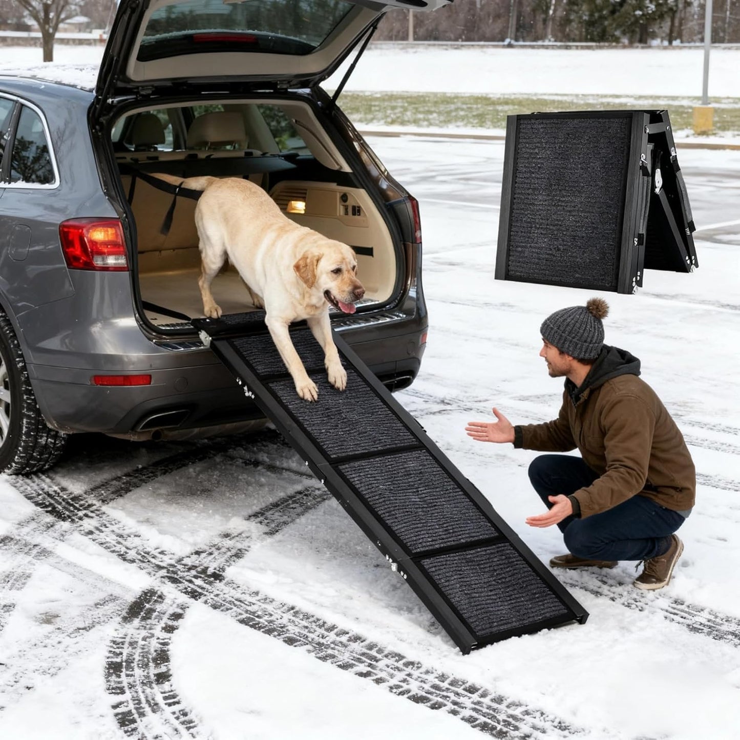 GarveeLife 63 in Long Dog Ramp for Cars, 20 in Wide Folding Pet Ramp for Large Dogs with Non-Slip Surface Portable Dog Car Ramp for SUV Car & Truck, Outdoor Dog Ramp Up to 250 LBS