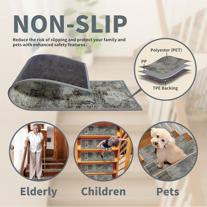 Non-Slip Stair Treads for Wooden Steps 15pcs,8"x30" Stair Carpet Treads for Indoor Use,Peel and Stick Stair Runners,Washable Reusable Adhesive Backing,Pet-Friendly Stair Capet for Kids,Elders,Dogs