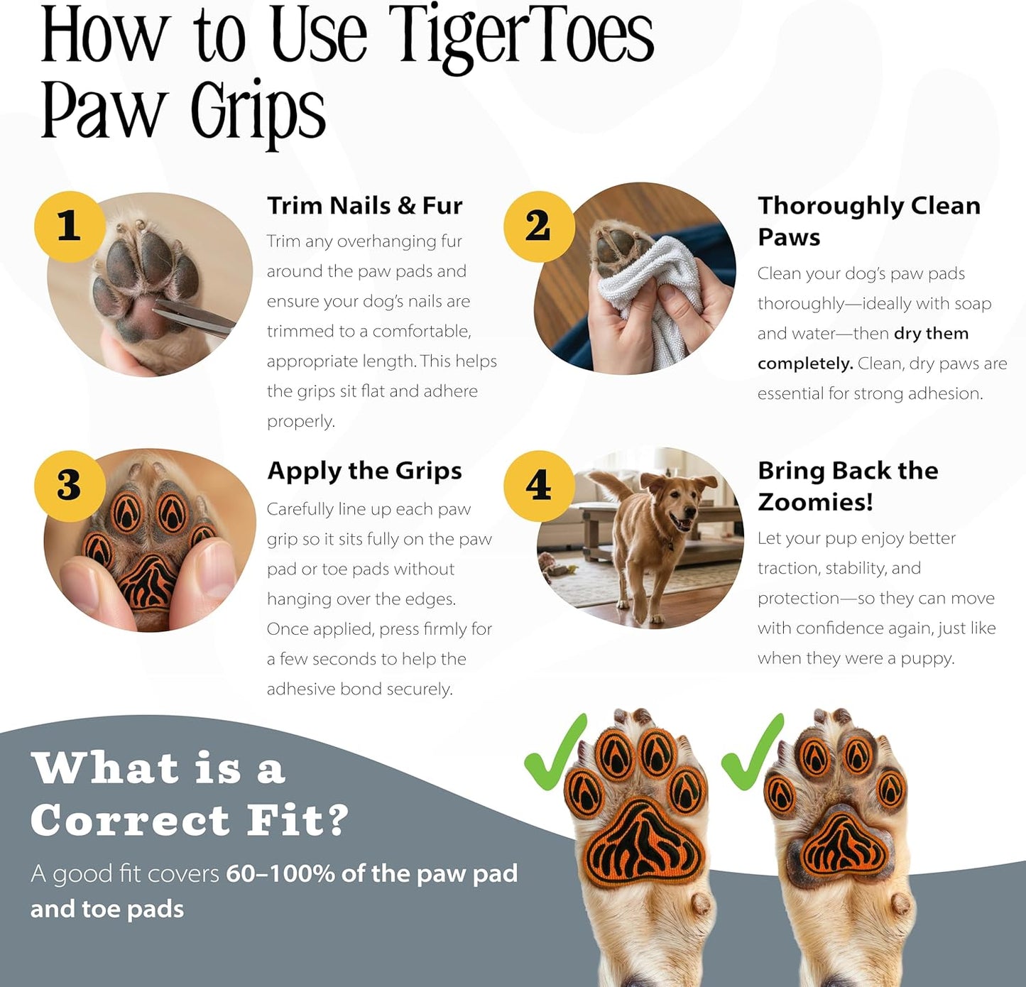 DOK TigerToes Premium Paw Grips for Senior Dogs, 40ct of Pre-Cut Anti Slip Dog Paw Pads for Hardwood Floors, Provides Traction for Slipping (40 Total Grips, Size Large)