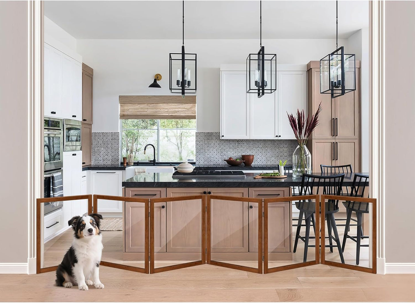 LZRS Clear Dog Gate for Indoor Use - Transparent Pet Fence with Solid Hardwood and Plastic Board, Stylish & Durable freestanding Pet Gate for Doorways, Stairs and Hallways-2 Panel Cherry