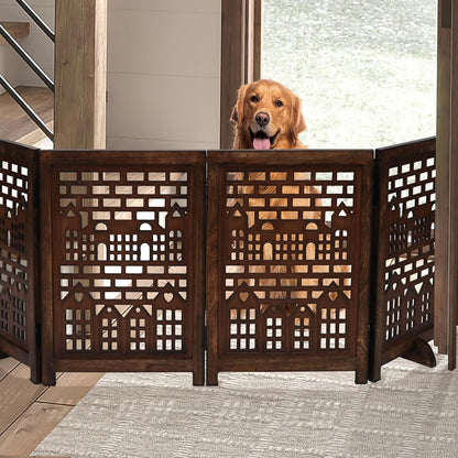 Freestanding Pet Gate for Dogs, Foldable Wooden Dog Gate for House, Indoor Dog Gate for Stair, Doorway, House Design Gates for Dogs Indoor, 72 Inch Wide, (18" x4 Panels 72 inch), Burnt Finish