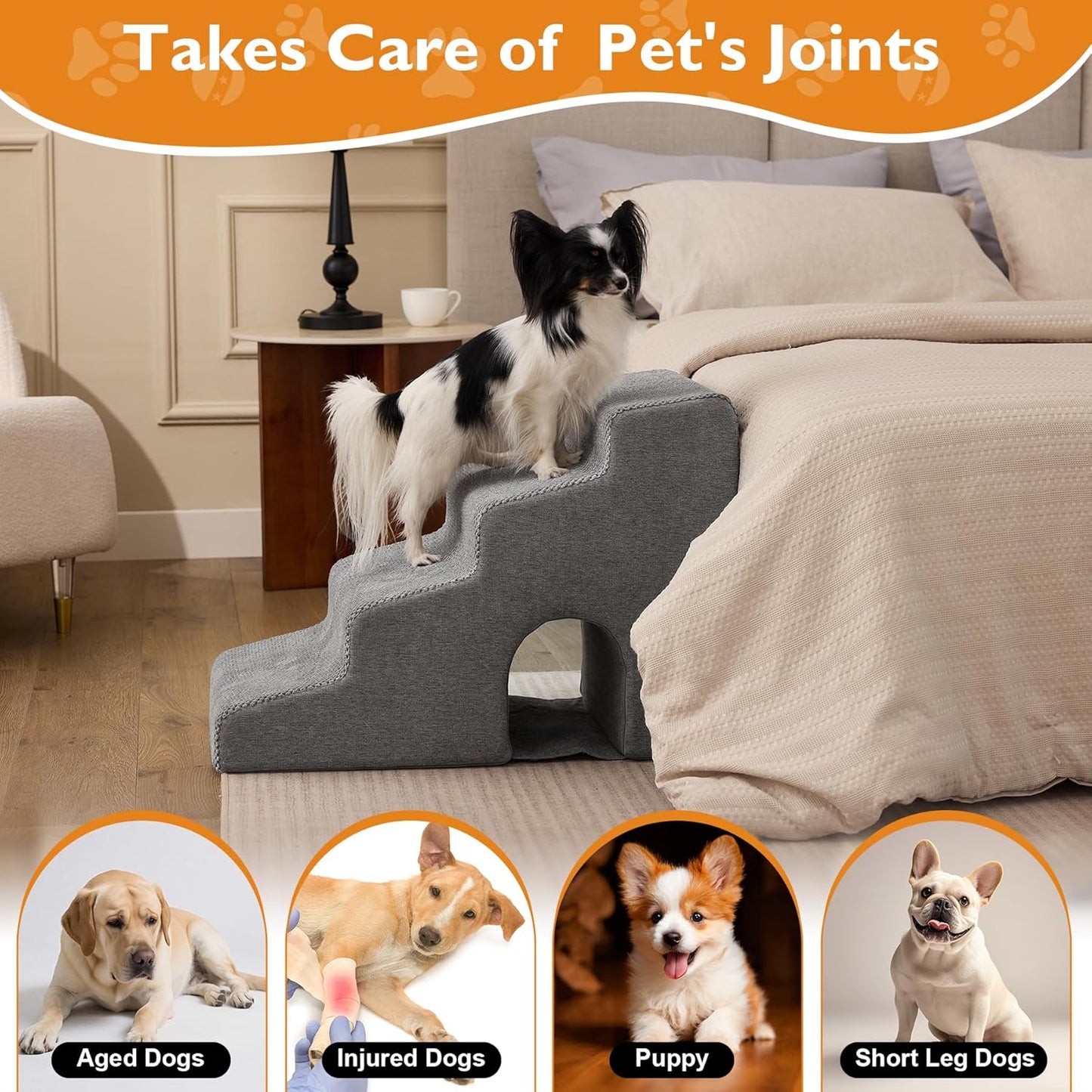 Dog Stairs for Bed 23’’ H, 5-Step Dog Steps for High Bed, Foldable Pet Stairs for Small Dogs and Cats to Get on Beds, Couch, Non-Slip Balanced Pet Steps and Ramp with Waterproof Cover, Grey