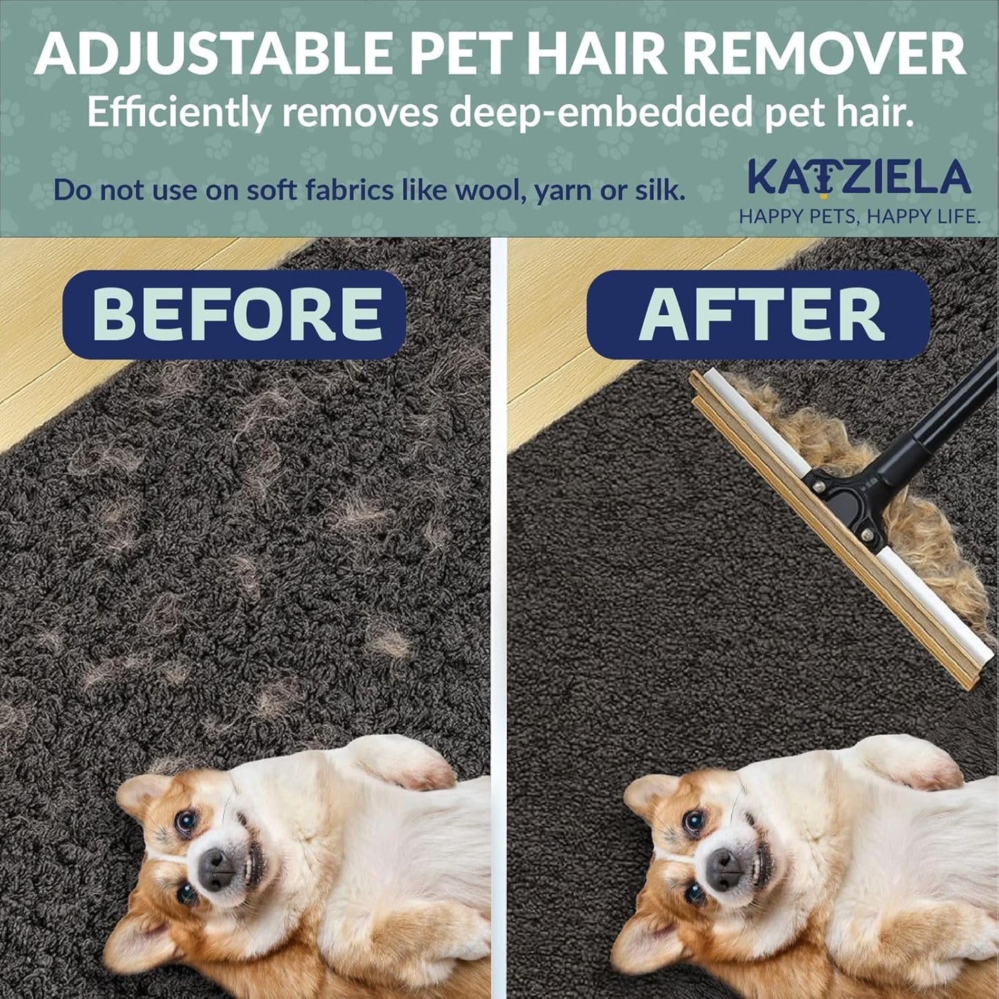Katziela DuoSweep Broom – Dual-Sided Pet Hair Remover with Metal & Rubber Blade – Multi-Surface Cleaner for Carpet, Hardwood & Tile – Includes Water Control Squeegee Attachment