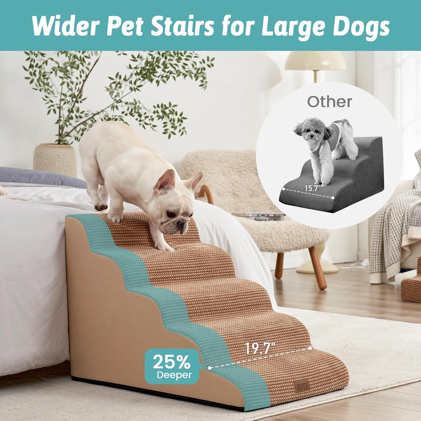 COZY KISS Extra Wide Dog Stairs with Tunnel, Foam Detachable Large Dog Step for Small Pet, Puppy or Cats, Medium Pet Ramp for High Bed, Couch, Sofa or Car, 19.7x33x22.4 inch, 5 Step, Beige