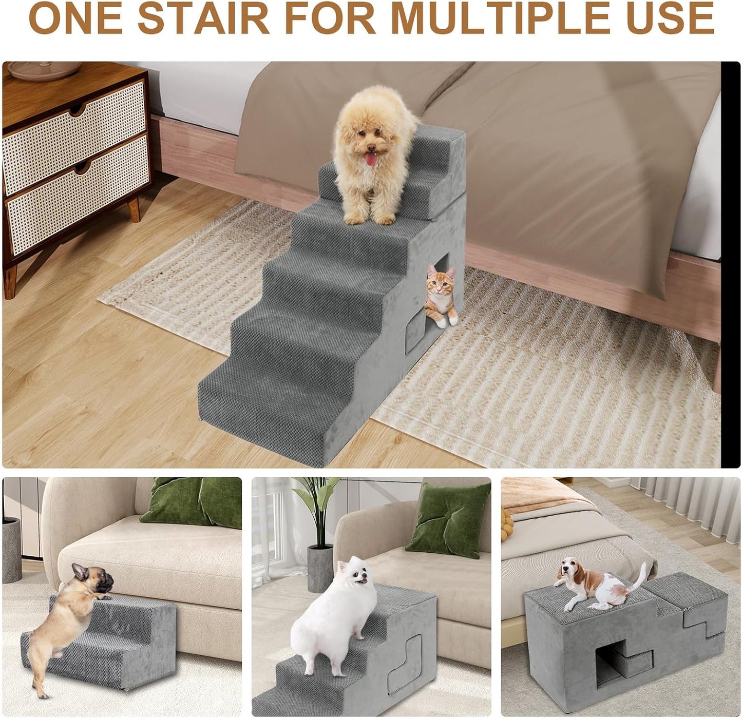 Dog Stairs for Small Dogs, 6-Step Dog Steps for High Bed, High-Density Foam Pet Stairs with Non-Slip Removable Washable Cover to Get on Bed