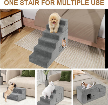 Dog Stairs for Small Dogs, 6-Step Dog Steps for High Bed, High-Density Foam Pet Stairs with Non-Slip Removable Washable Cover to Get on Bed