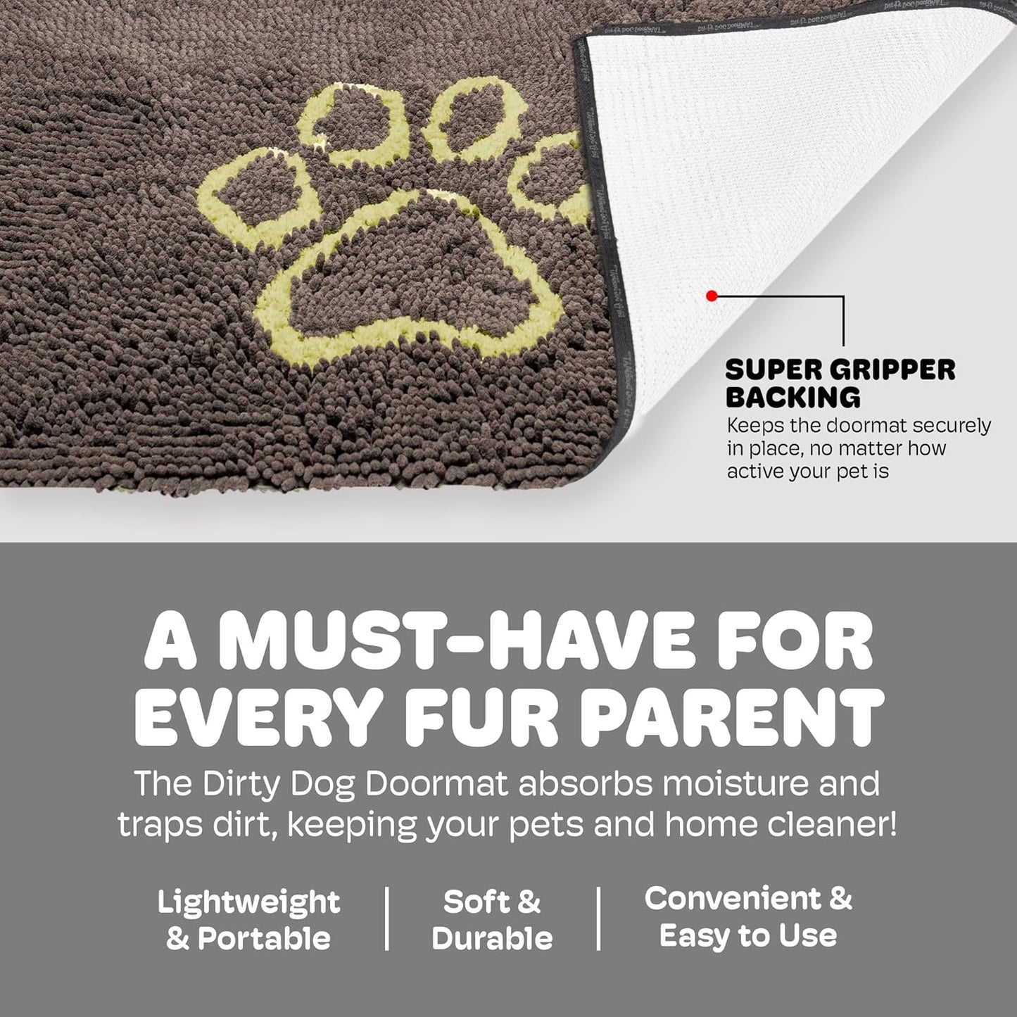 Dog Gone Smart Dirty Dog Doormat - Fast Drying Rug with Super Gripper Backing for Clean Floors - Super Absorbent and Machine Washable Mat for Muddy Paws - Grey