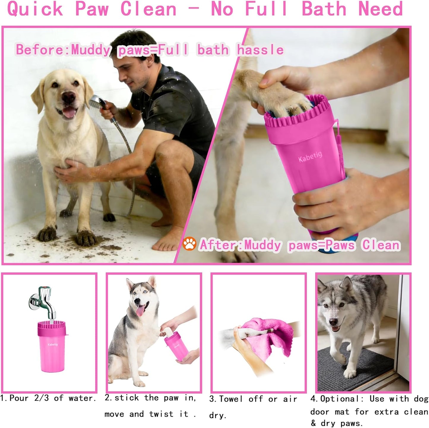 Dog Paw Cleaner Kit for L/XL Dogs - Quick Clean No Full Bath, 2-in-1 Paw Wash Cup with Detachable Silicone Brush Head, Includes Bath Brush & 3 Absorbent Towels, Blue