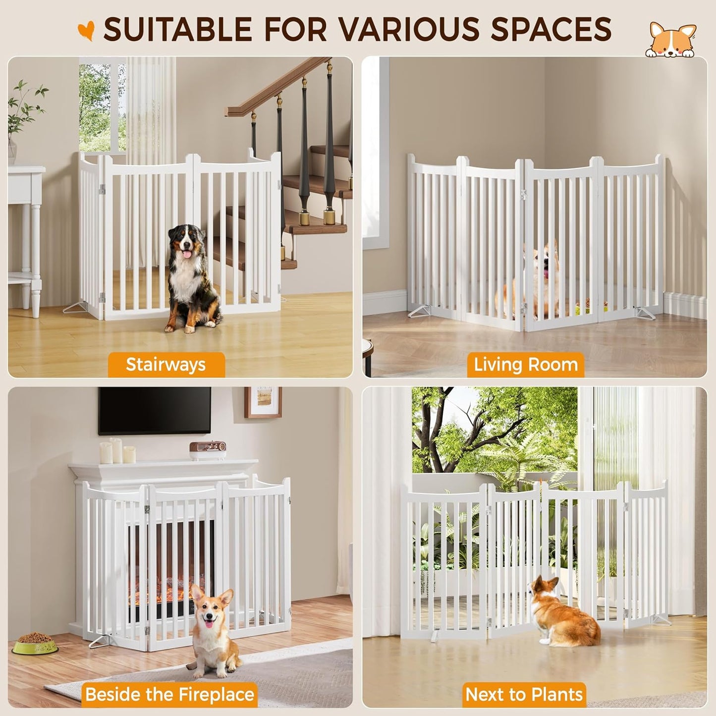 Yaheetech 36" H Extra Tall Freestanding Pet Gate 4-Panel Wooden Dog Fence with 2 Support Feet Folding Dog Gate for Indoor, Stairs, Doorways, Halls, Kitchen Wooden Pet Barrier White, 79.5" L x 36" H