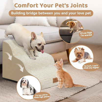 Zerbuger Dog Ramp and Stair for Bed 16" H-20 H,3-Step Cat Stair for Sofa and Chair,4-Step Dog Ramp for High Bed and Window,Durable Nonslip Fabric Cover for Indoor (Coffee-16 H, Pet Friendly, 3)