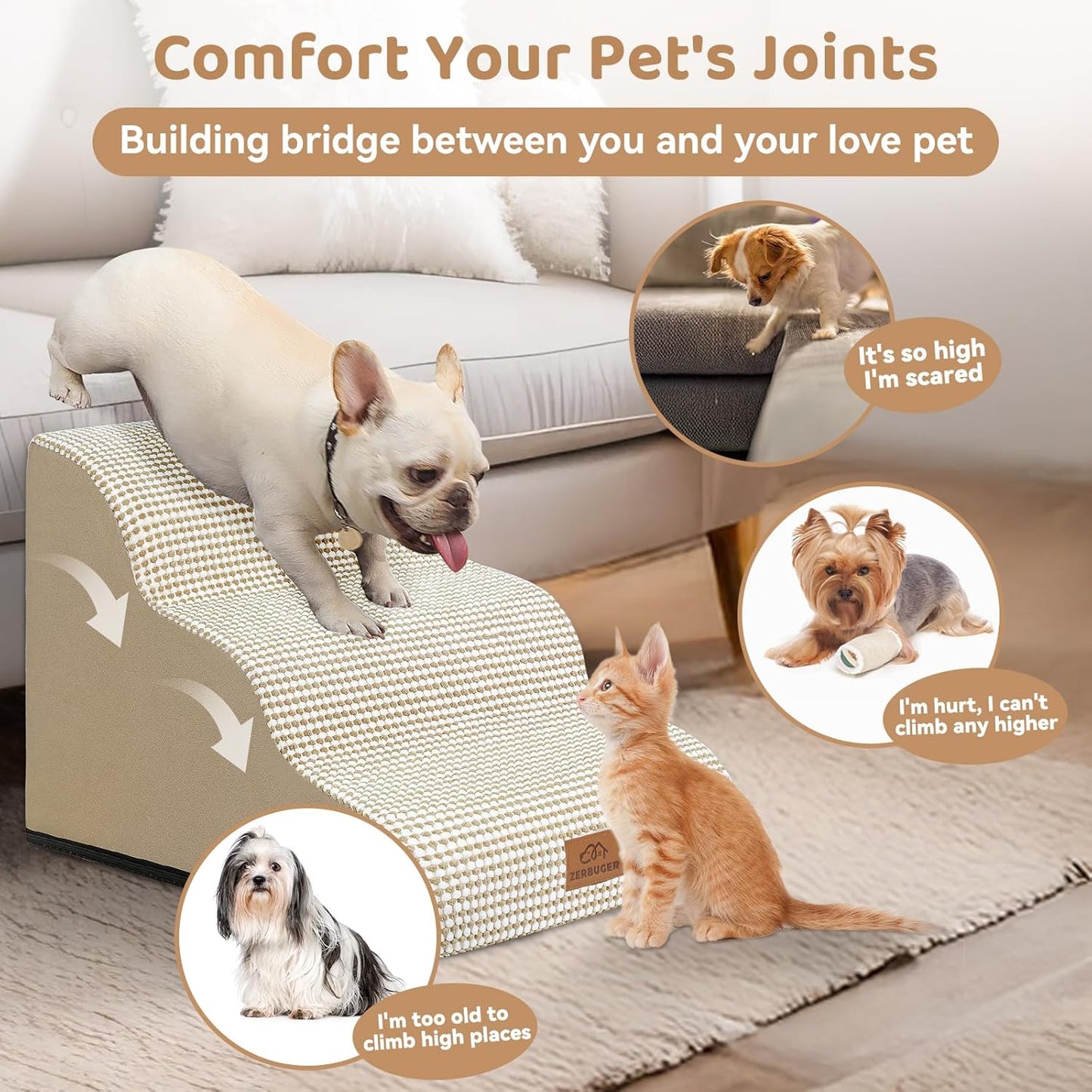 Zerbuger Dog Ramp and Stair for Bed 16" H-20 H,3-Step Cat Stair for Sofa and Chair,4-Step Dog Ramp for High Bed and Window,Durable Nonslip Fabric Cover for Indoor (Purple-20 H, Pet Friendly, 4)
