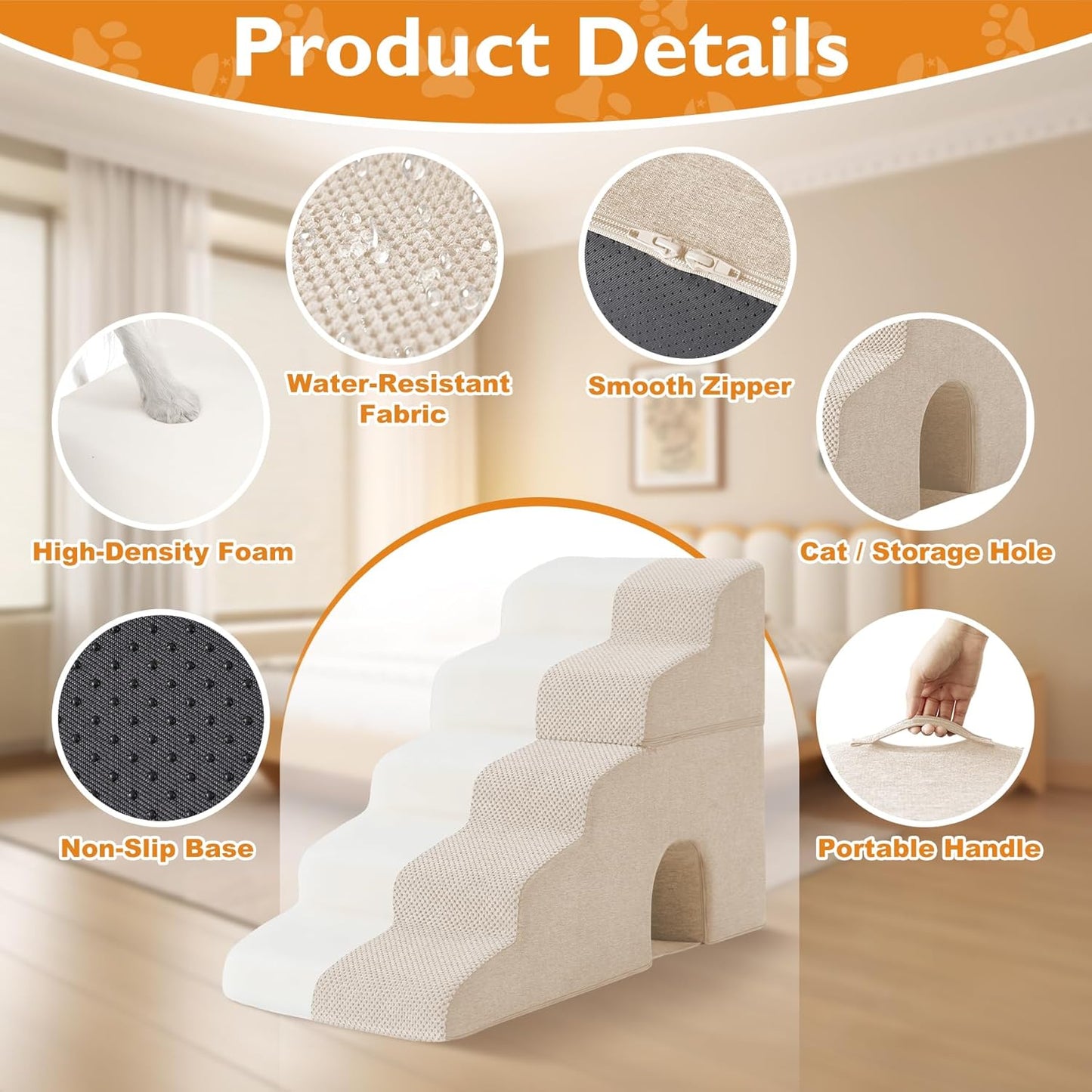 Dog Stairs for Bed 23’’ H, 5-Step Dog Steps for High Bed, Foldable Pet Stairs for Small Dogs and Cats to Get on Beds, Couch, Non-Slip Balanced Pet Steps and Ramp with Waterproof Cover, Grey