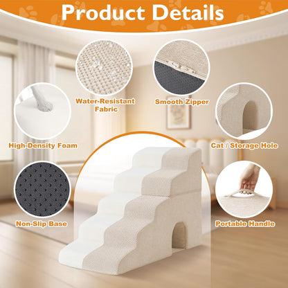 Dog Stairs for Bed 23’’ H, 5-Step Dog Steps for High Bed, Foldable Pet Stairs for Small Dogs and Cats to Get on Beds, Couch, Non-Slip Balanced Pet Steps and Ramp with Waterproof Cover, Grey