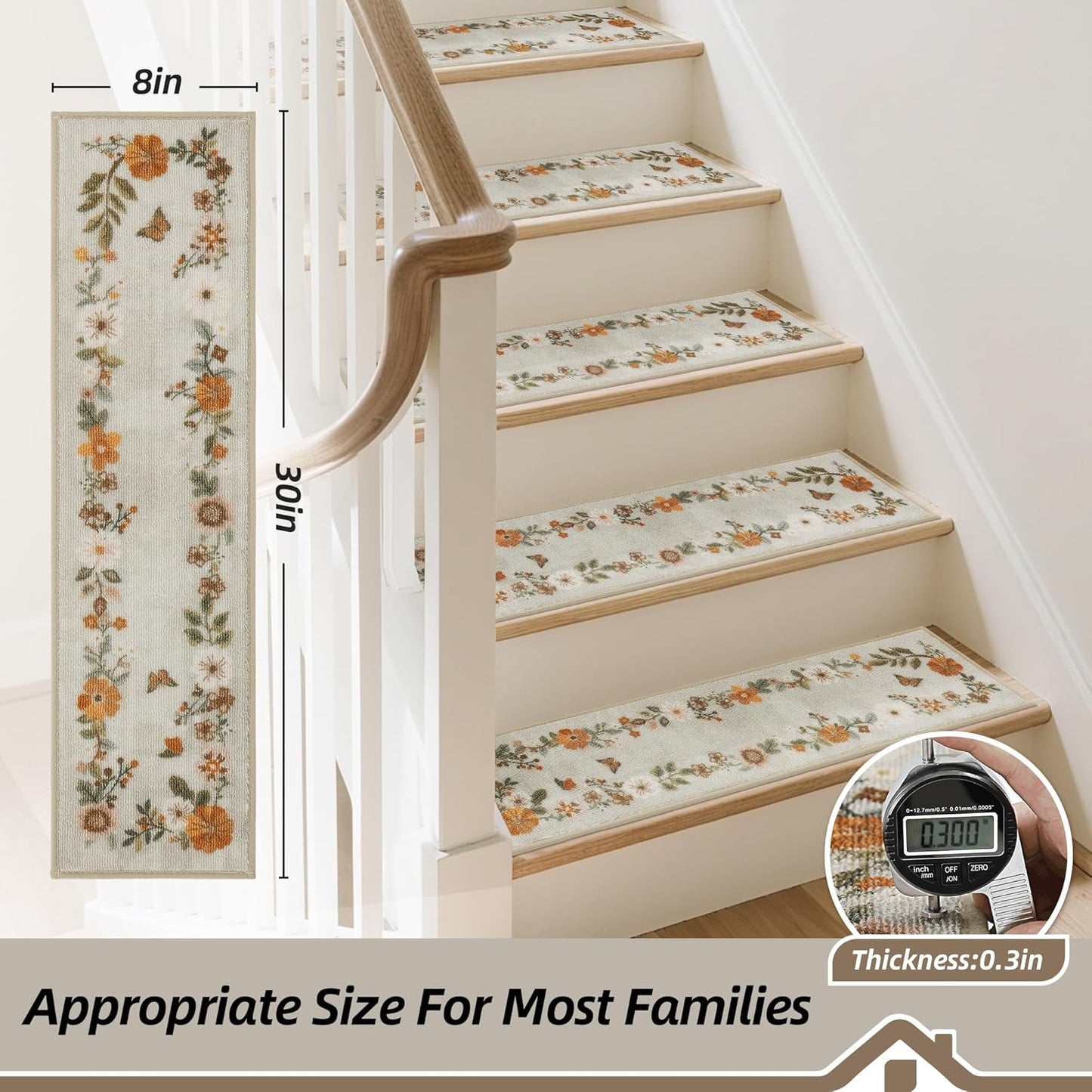 BEQHAUSE Stair Treads for Wooden Steps Non-Slip Machine Washable Carpet Stair Treads 8"X30" Soft Indoor Stair Runner for Kids Elders and Pets, 100% Polyester, TPE Backing, 15pcs, Brown/Grey