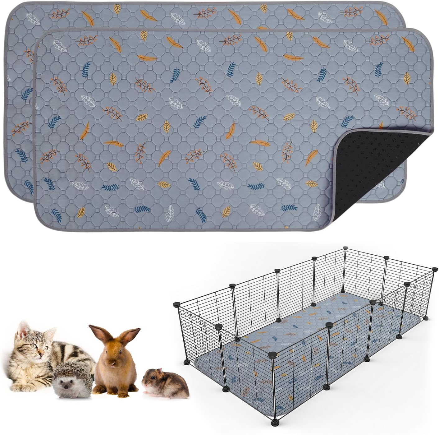 Sunheir Washable Pee Pads for Dogs Large 48" x 48" 2-Pack Reusable Puppy Pads Pet Training Pads, Absorb Dog Mats, Whelping Pad, Non-Slip Protects Against Urine Leakage (Leaves - Deep Grey, 48x48)