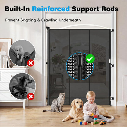 Reinforced 72" Extra Tall Pet Gate for Cat, Dog, Puppy & Baby, Jump-Resistant & Prevent Crawling Underneath Retractable Baby Gates, Fits 0-55" Width Safety Mesh Dog Gate, 6 Foot Extra Tall Cat Gate