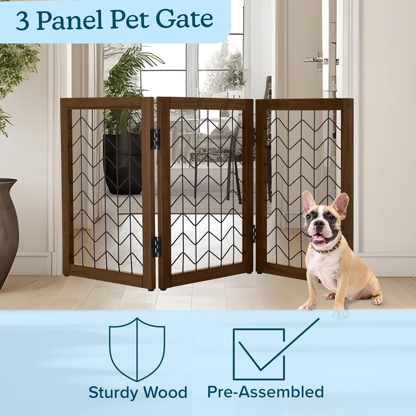 Freestanding Dog Gate - 3-Panel Foldable Indoor Pet Fence - 55x24-Inch Sturdy Metal and Wood Dog Gate - Pet Barrier for Stairs, Hallways, Doorways, or Small Openings by PETMAKER (White)