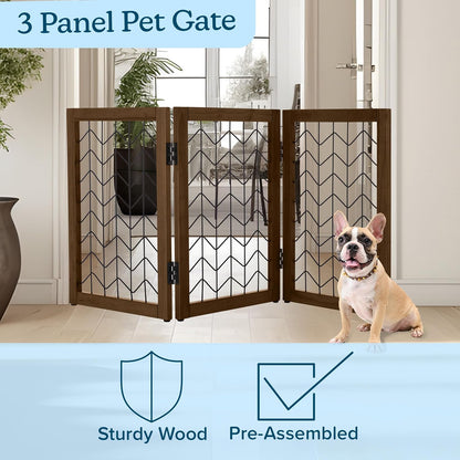 Freestanding Dog Gate - 3-Panel Foldable Indoor Pet Fence - 55x24-Inch Sturdy Metal and Wood Dog Gate - Pet Barrier for Stairs, Hallways, Doorways, or Small Openings by PETMAKER (White)