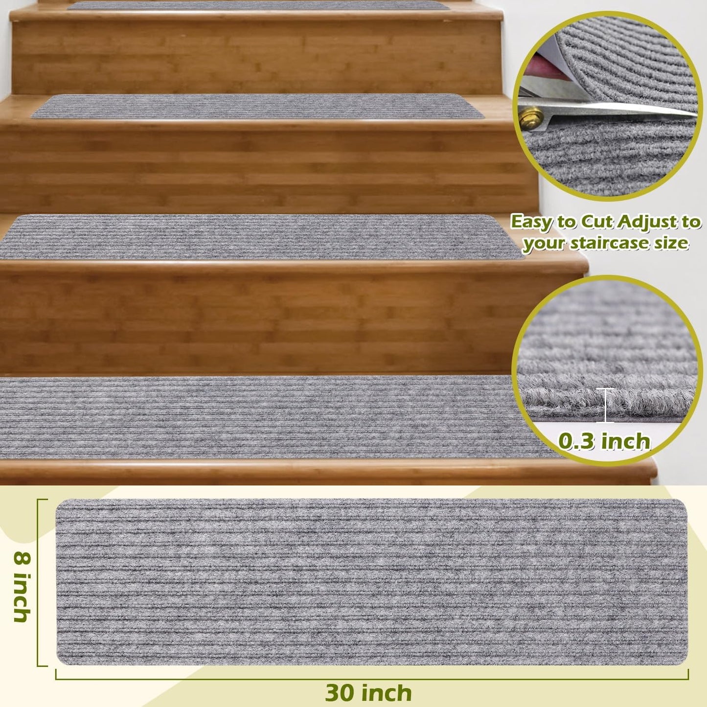 Stair Treads Non-Slip 16 Pack 8"x30" - Carpet Stair Runner for Indoor Wooden Steps with TPE Backing & Anti-Skid Surface, Reusable Adhesive Safety Rug for Kids/Elder/Pet-Friendly - Brown