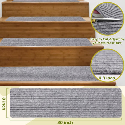Stair Treads Non-Slip 16 Pack 8"x30" - Carpet Stair Runner for Indoor Wooden Steps with TPE Backing & Anti-Skid Surface, Reusable Adhesive Safety Rug for Kids/Elder/Pet-Friendly - Brown