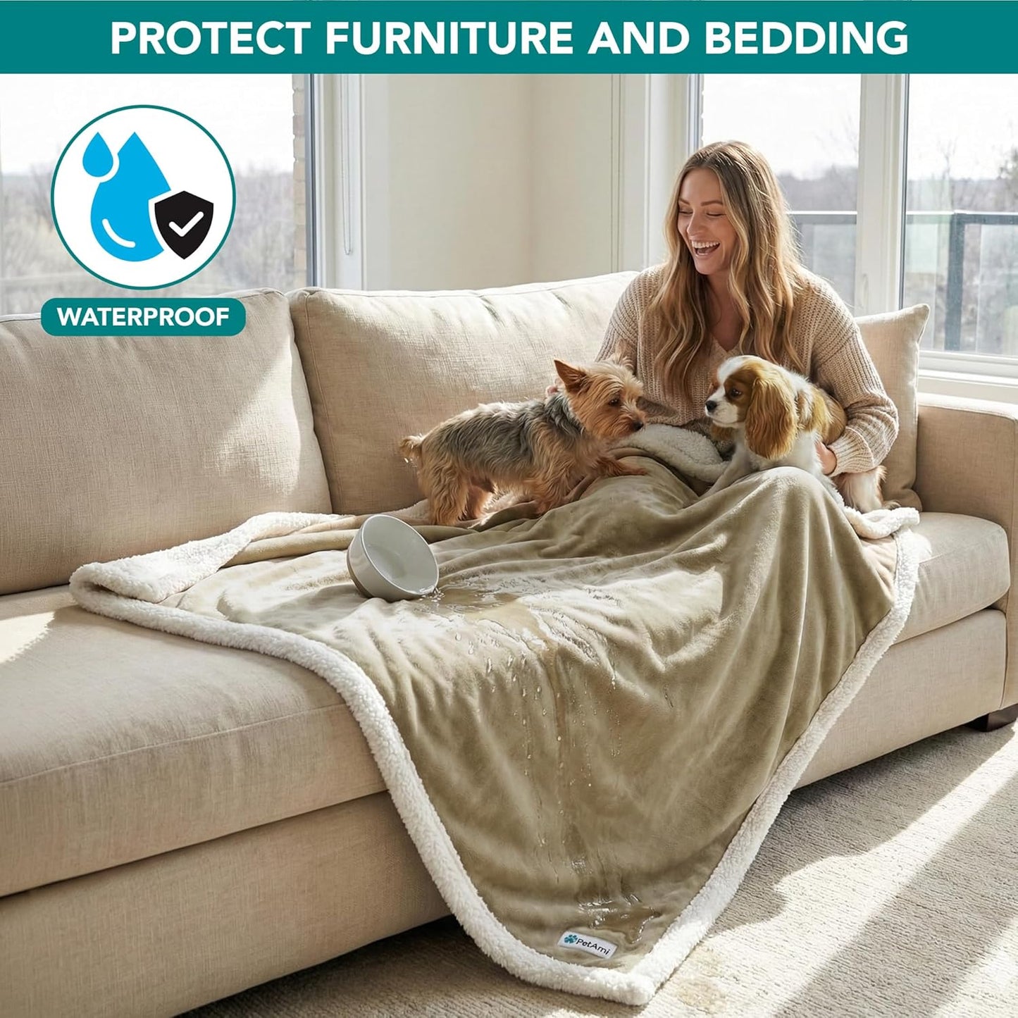 PetAmi Waterproof Dog Blanket for Couch, Large 60x40, Pee Proof Sherpa Fleece Reversible Pet Throw, Furniture Protector for Bed Sofa Kennel, Soft Washable Cover for Medium Dogs Cats, Grey Sherpa
