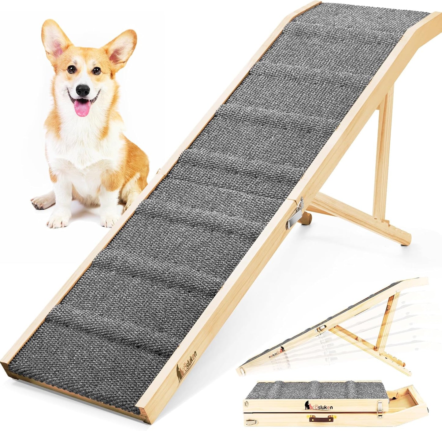𝟐𝟎𝟐𝟔 𝐔𝐩𝐠𝐫𝐚𝐝𝐞𝐝 Dog Ramp for Bed, 64" Long Foldable Pet Ramp for Small Large Dogs, Dog Ramps for High Beds Car, High Traction with Platform 6 Adjustable Heights 24" to 30" Up to 220LBS Black