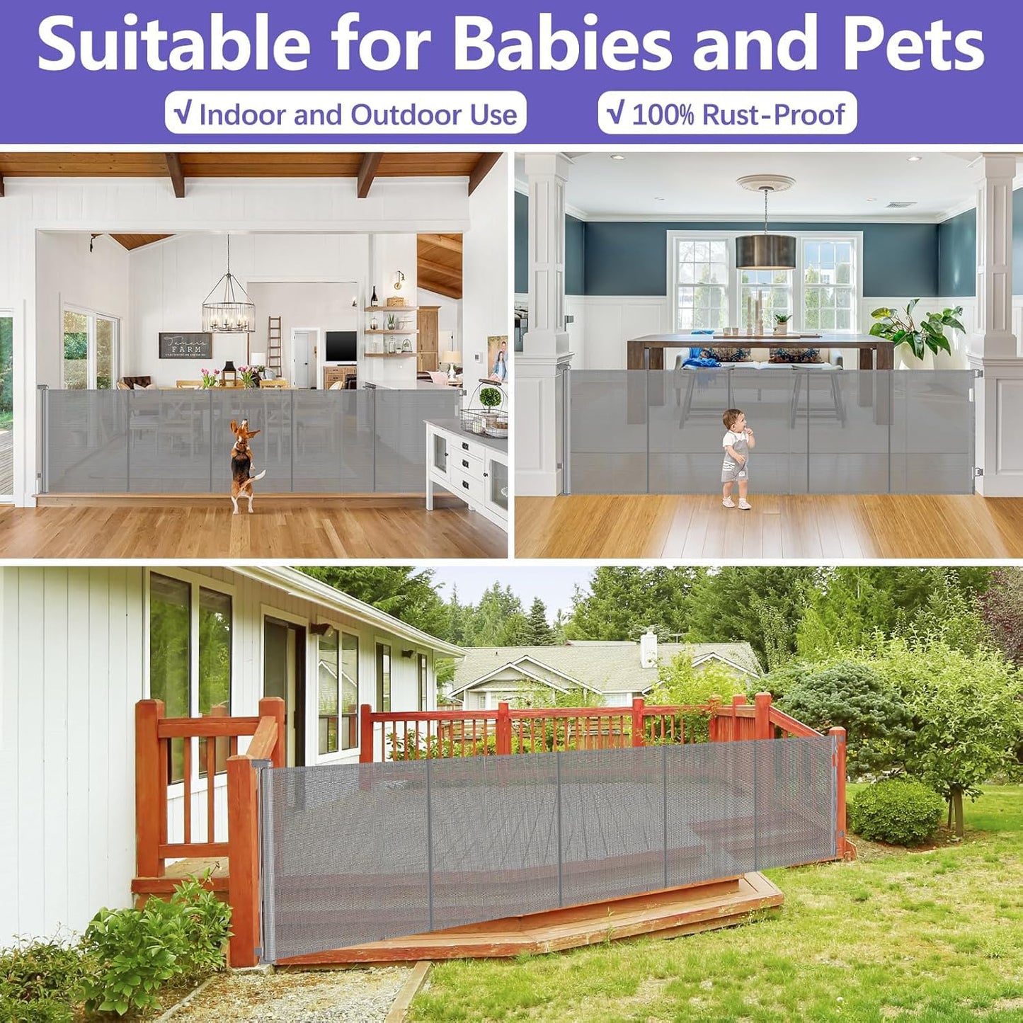Reinforced 42" Tall Retractable Dog Gate, 155" Extra Long Retractable Baby Gate with Support Rods - Prevent Crawling Under, Indoor/Outdoor Retractable Gate Extra Tall Baby Gate Retractable Fence/Black