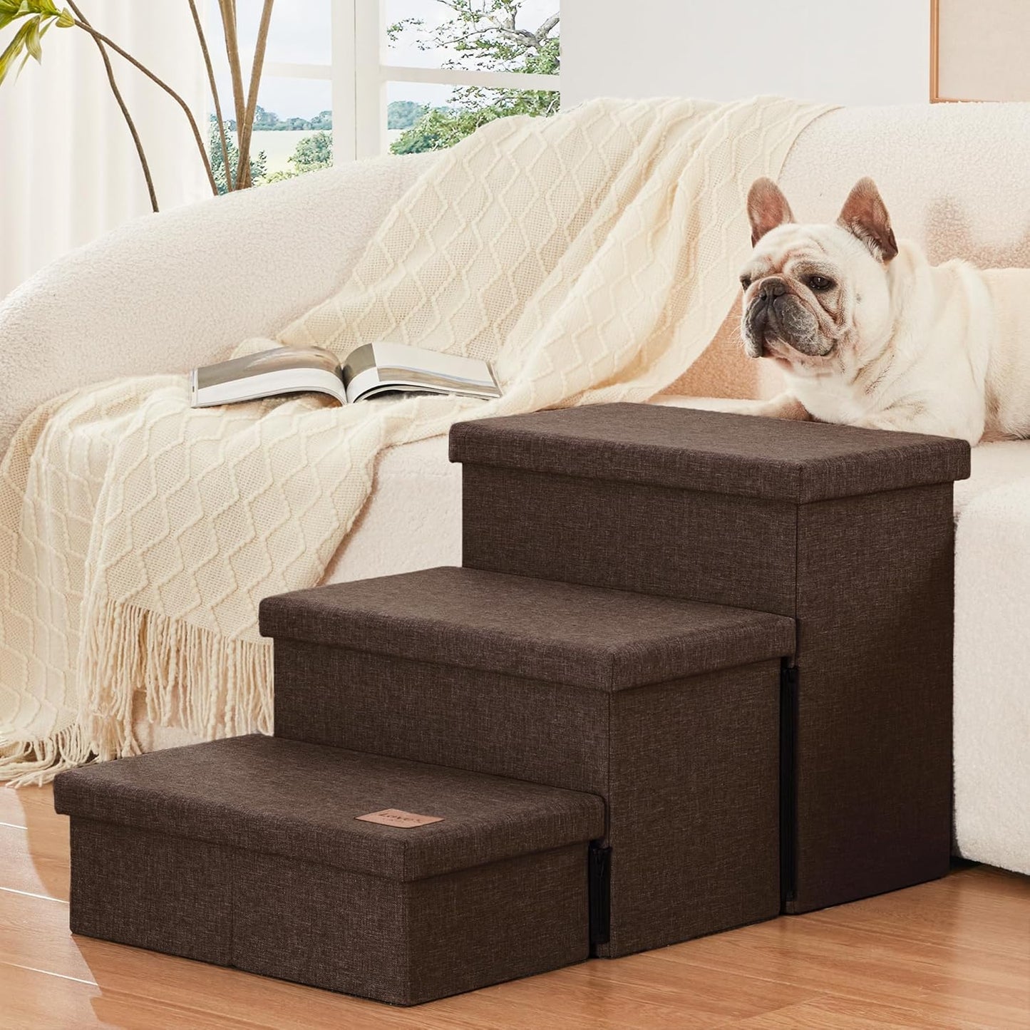 Love's cabin Dog Stairs with Storage 13" H, Foldable Pet Stairs for Small Medium or Large Dogs, Cat Puppy Steps Ramp with Zip up to 150 lbs, Solid Grey, 2 Steps