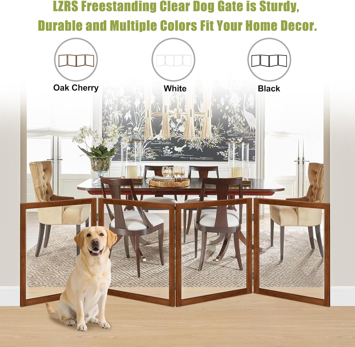 LZRS Clear Dog Gate for Indoor Use - Transparent Pet Fence with Solid Hardwood and Plastic Board, Stylish & Durable freestanding Pet Gate for Doorways, Stairs and Hallways-2 Panel Cherry
