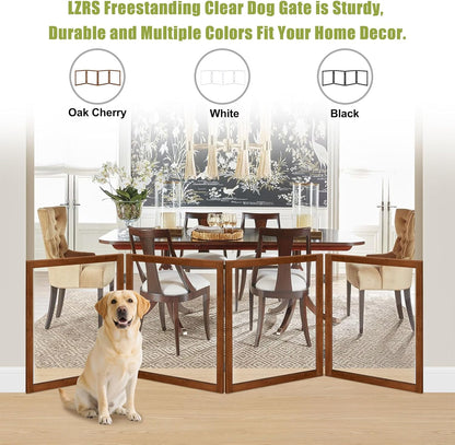 LZRS Clear Dog Gate for Indoor Use - Transparent Pet Fence with Solid Hardwood and Plastic Board, Stylish & Durable freestanding Pet Gate for Doorways, Stairs and Hallways-2 Panel Cherry